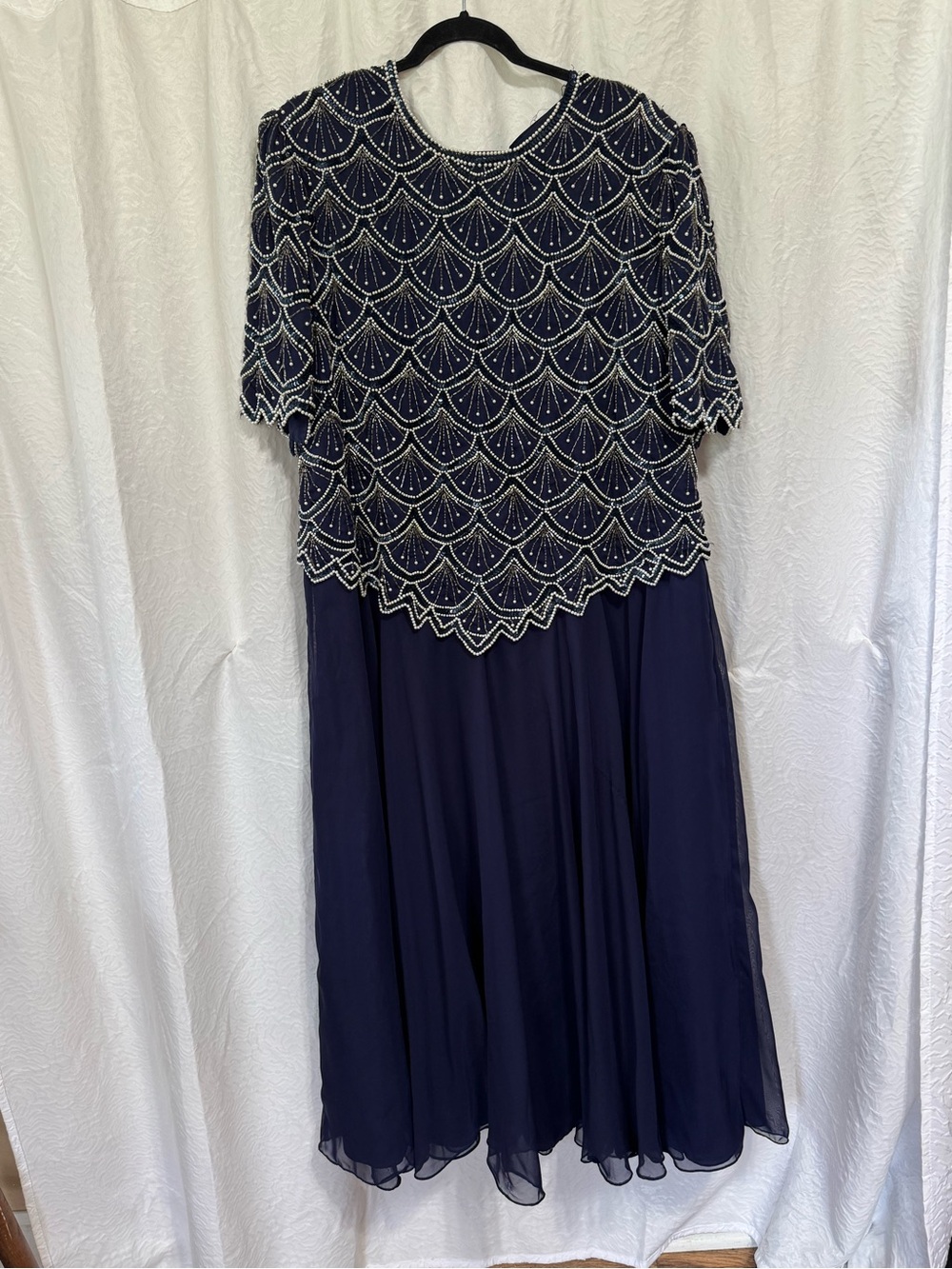 Laurence Kazar Navy Beaded Scallop Midi Dress